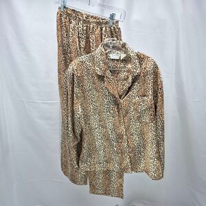 Emma C Satin Leopard Print Button-Down Pajama Set Woman's Large And Or Petite